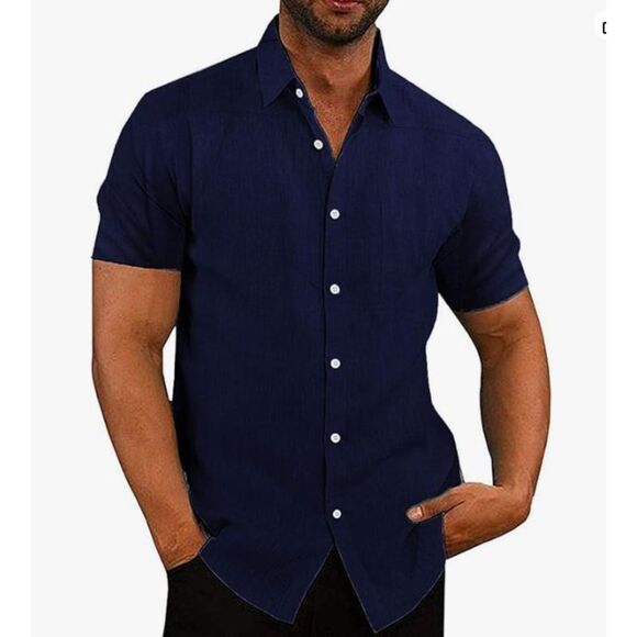 Coofandy Men’s Short Sleeve Button Front Shirt Blue Size Large Linen Blend NWT - Picture 1 of 3